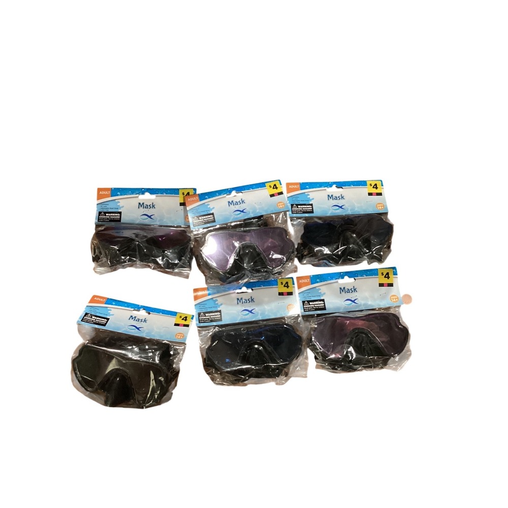 Lot of 6 Adult Swim Masks Snorkel‎ Goggles PC Lens Adjustable Strap Black Tinted